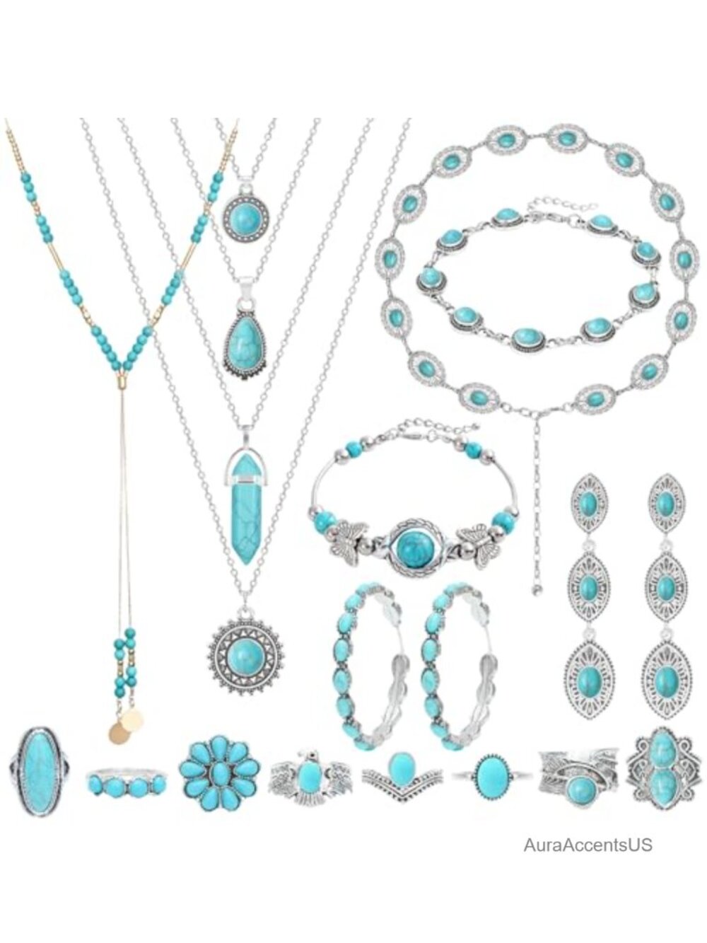 Bohemian Turquoise Jewelry Set 20 Pc Stainless Steel Necklaces Bracelets Rings
